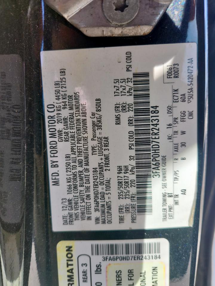 2014 Ford Fusion Se VIN: 3FA6P0HD7ER243184 Lot: 81025005