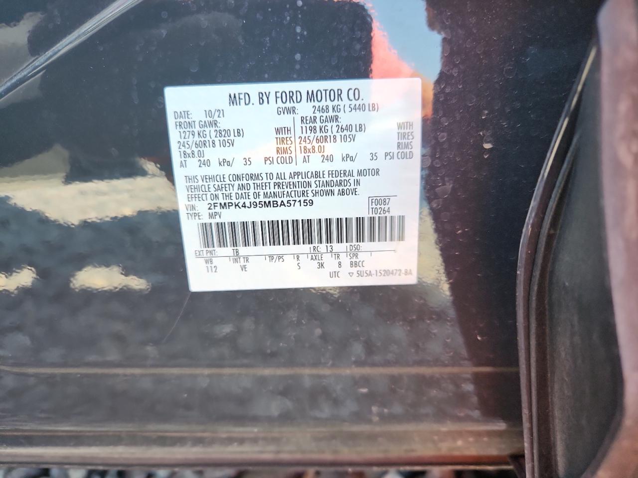 2021 Ford Edge Sel VIN: 2FMPK4J95MBA57159 Lot: 81479185