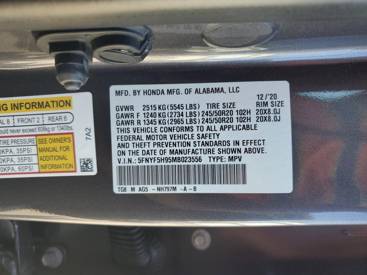 2021 Honda Pilot Touring VIN: 5FNYF5H95MB023556 Lot: 71252265