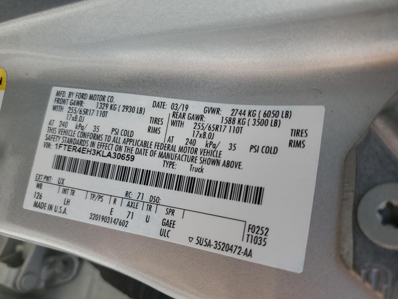 2019 Ford Ranger Xl VIN: 1FTER4EH3KLA30659 Lot: 80032905