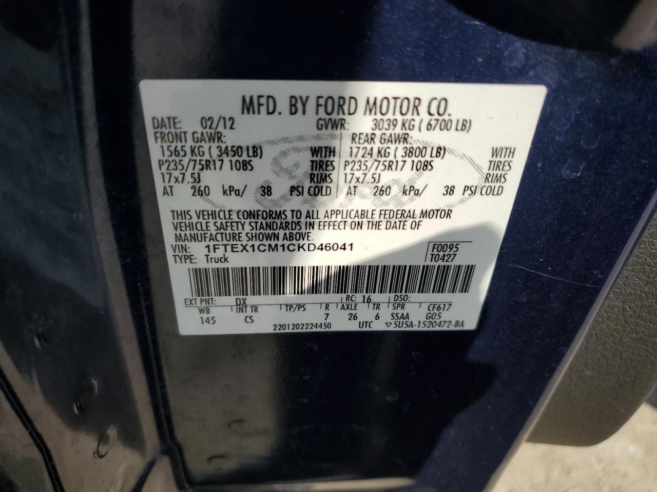 2012 Ford F150 Super Cab VIN: 1FTEX1CM1CKD46041 Lot: 81388535