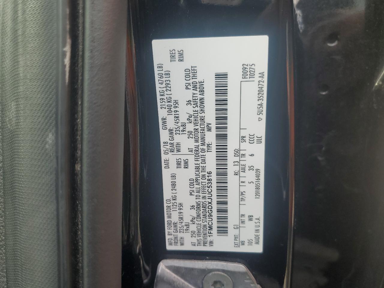 2018 Ford Escape Se VIN: 1FMCU9GDXJUC53816 Lot: 80240995