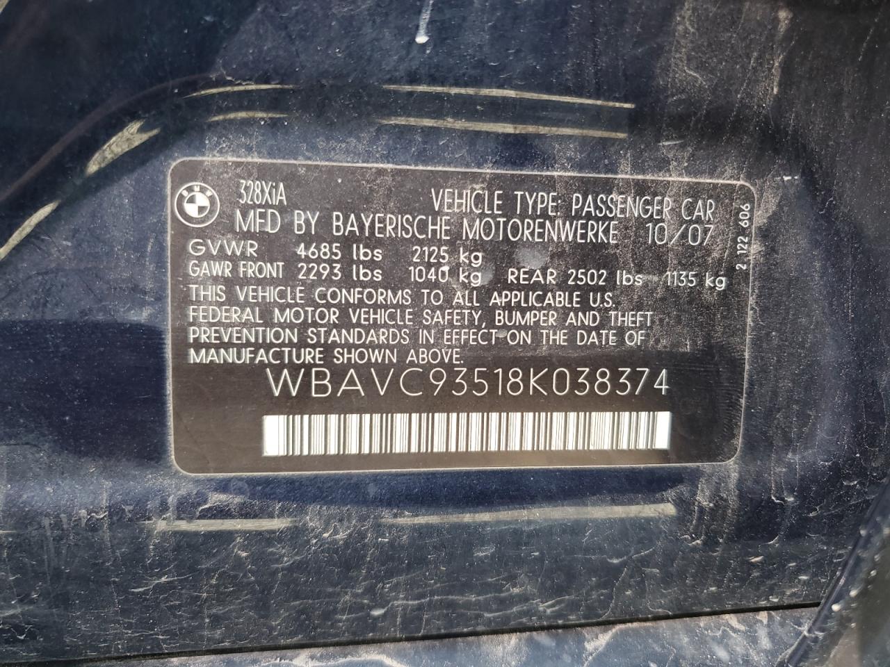 2008 BMW 328 Xi VIN: WBAVC93518K038374 Lot: 81293885