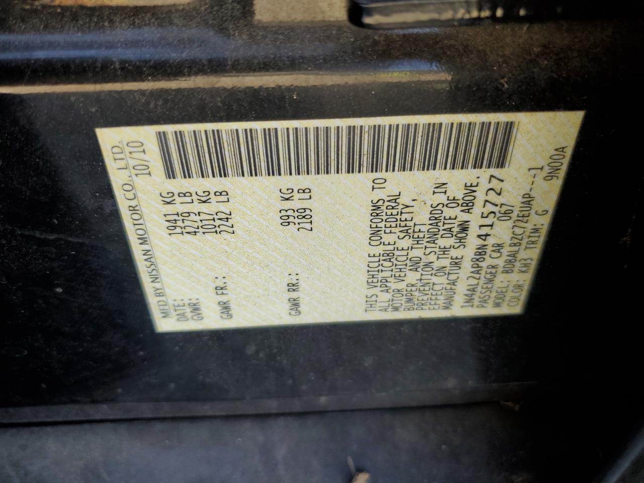 2011 Nissan Altima Base VIN: 1N4AL2AP8BN415727 Lot: 80012025