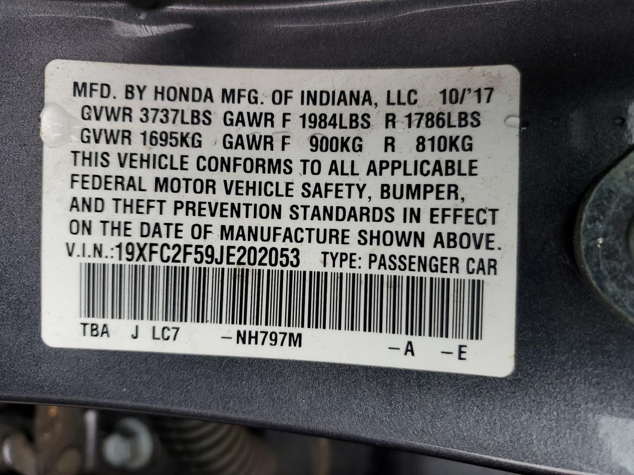 2018 Honda Civic Lx VIN: 19XFC2F59JE202053 Lot: 84240035