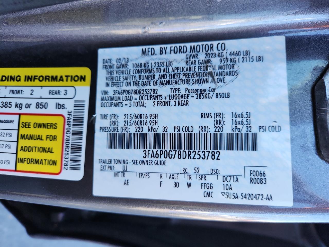 2013 Ford Fusion S VIN: 3FA6P0G78DR253782 Lot: 81453165