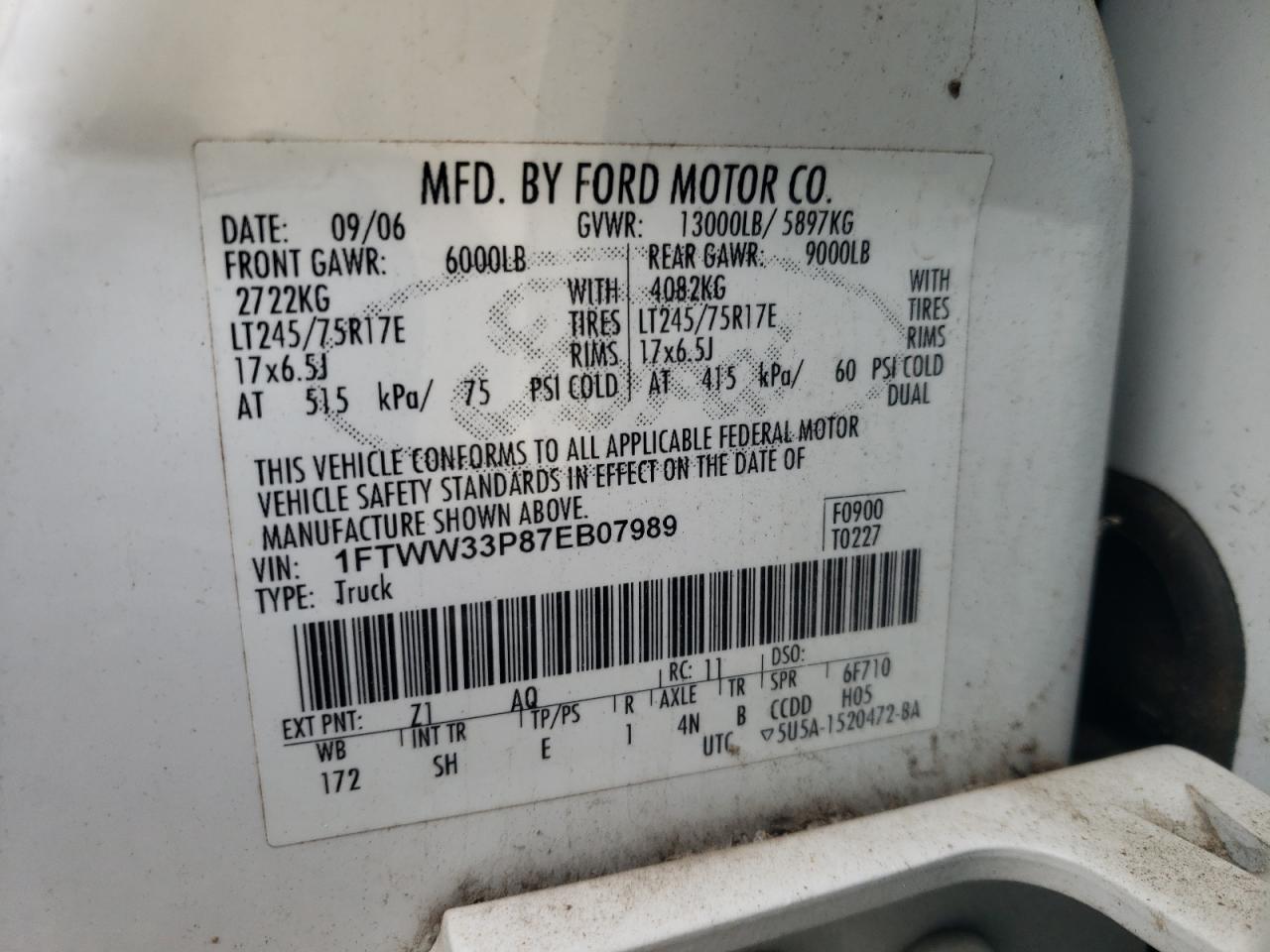2007 Ford F350 Super Duty VIN: 1FTWW33P87EB07989 Lot: 81793925