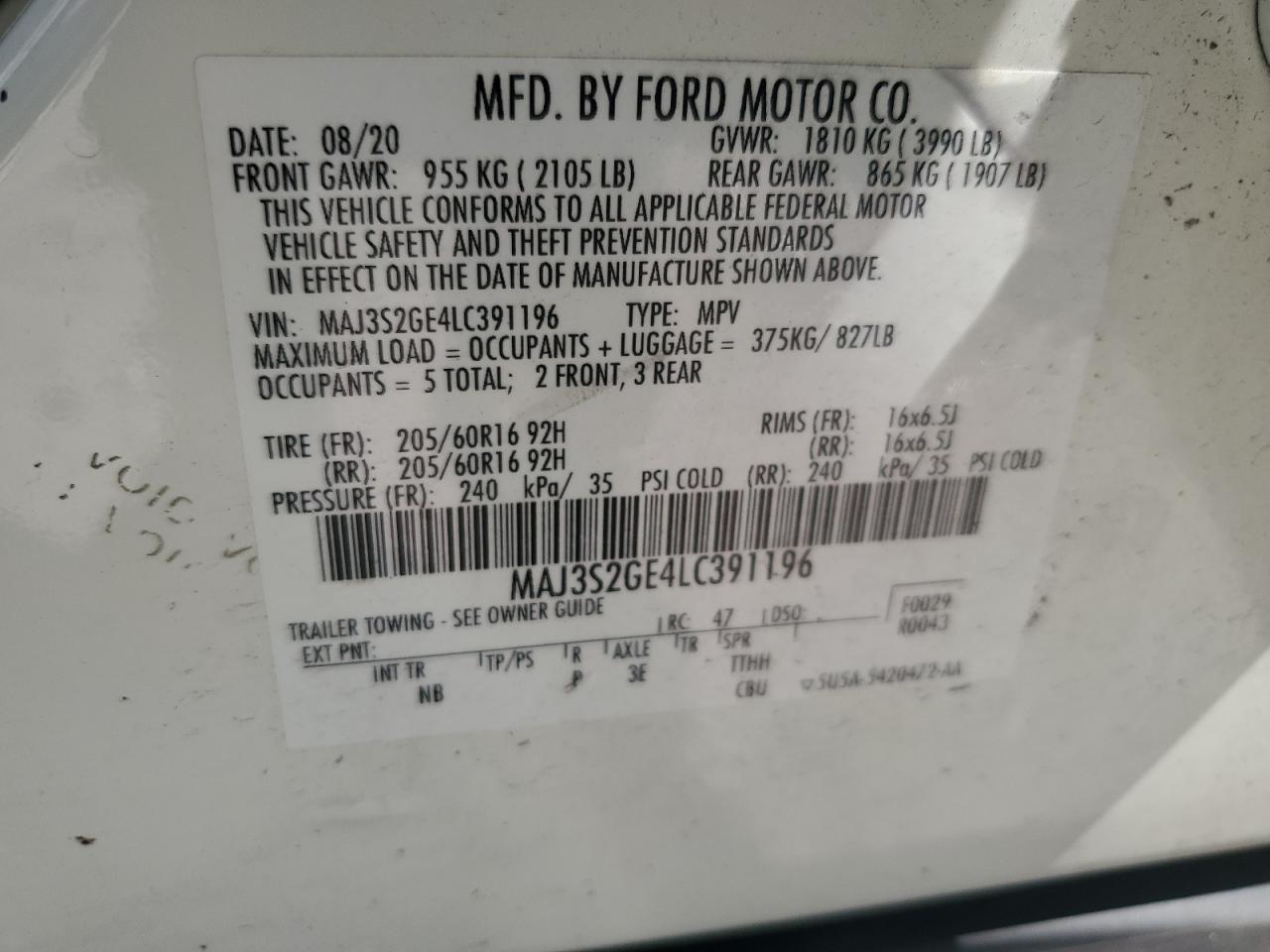 2020 Ford Ecosport Se VIN: MAJ3S2GE4LC391196 Lot: 71506705
