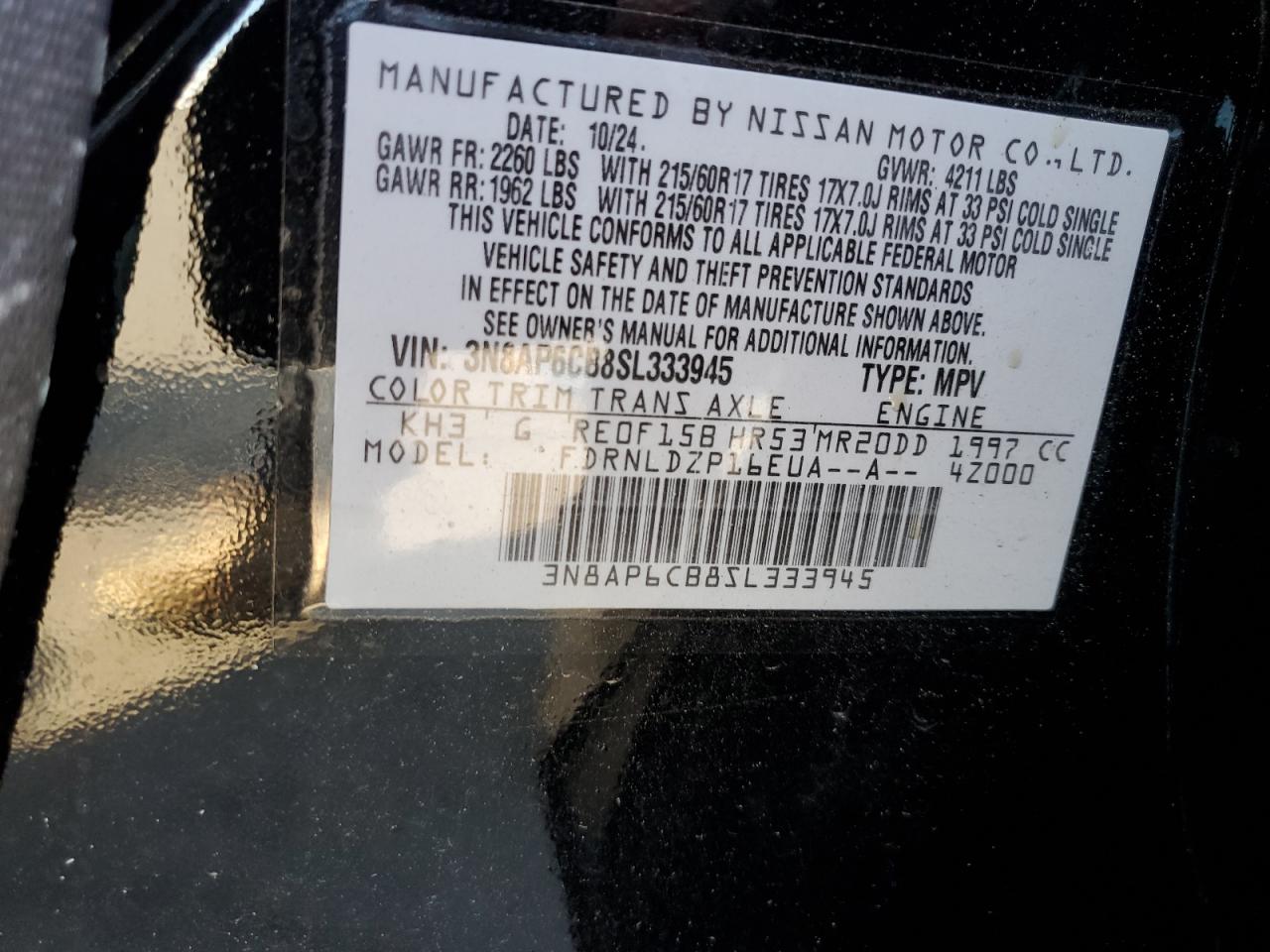 2025 Nissan Kicks Sv VIN: 3N8AP6CB8SL333945 Lot: 81136685