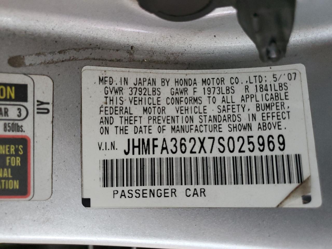 2007 Honda Civic Hybrid VIN: JHMFA362X7S025969 Lot: 72102095