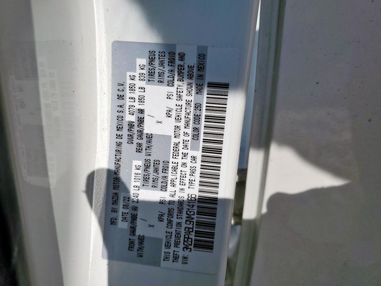 2022 Mazda 3 Select VIN: 3MZBPABL9NM314166 Lot: 81042705