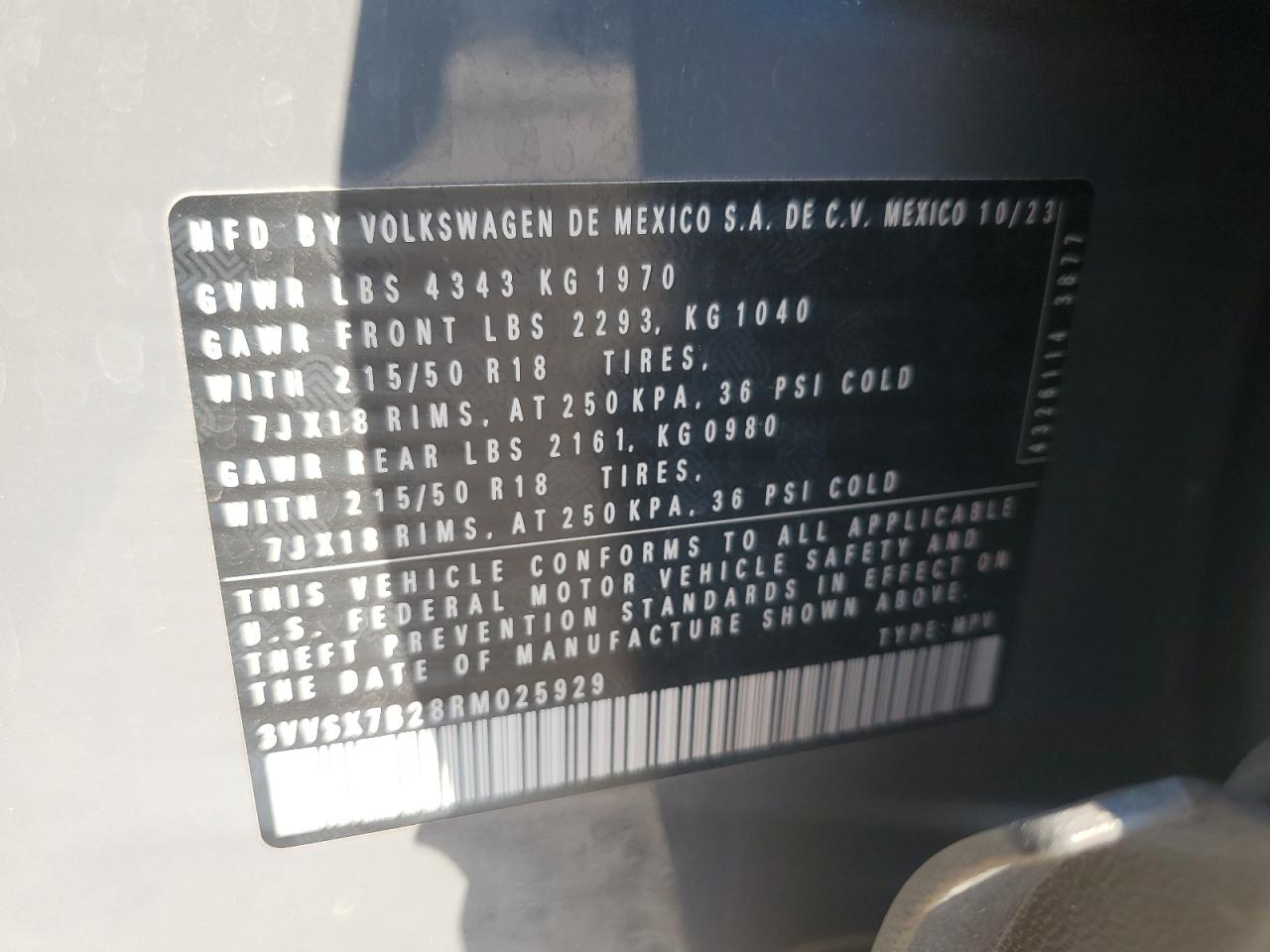 2024 Volkswagen Taos Se VIN: 3VVSX7B28RM025929 Lot: 71519425