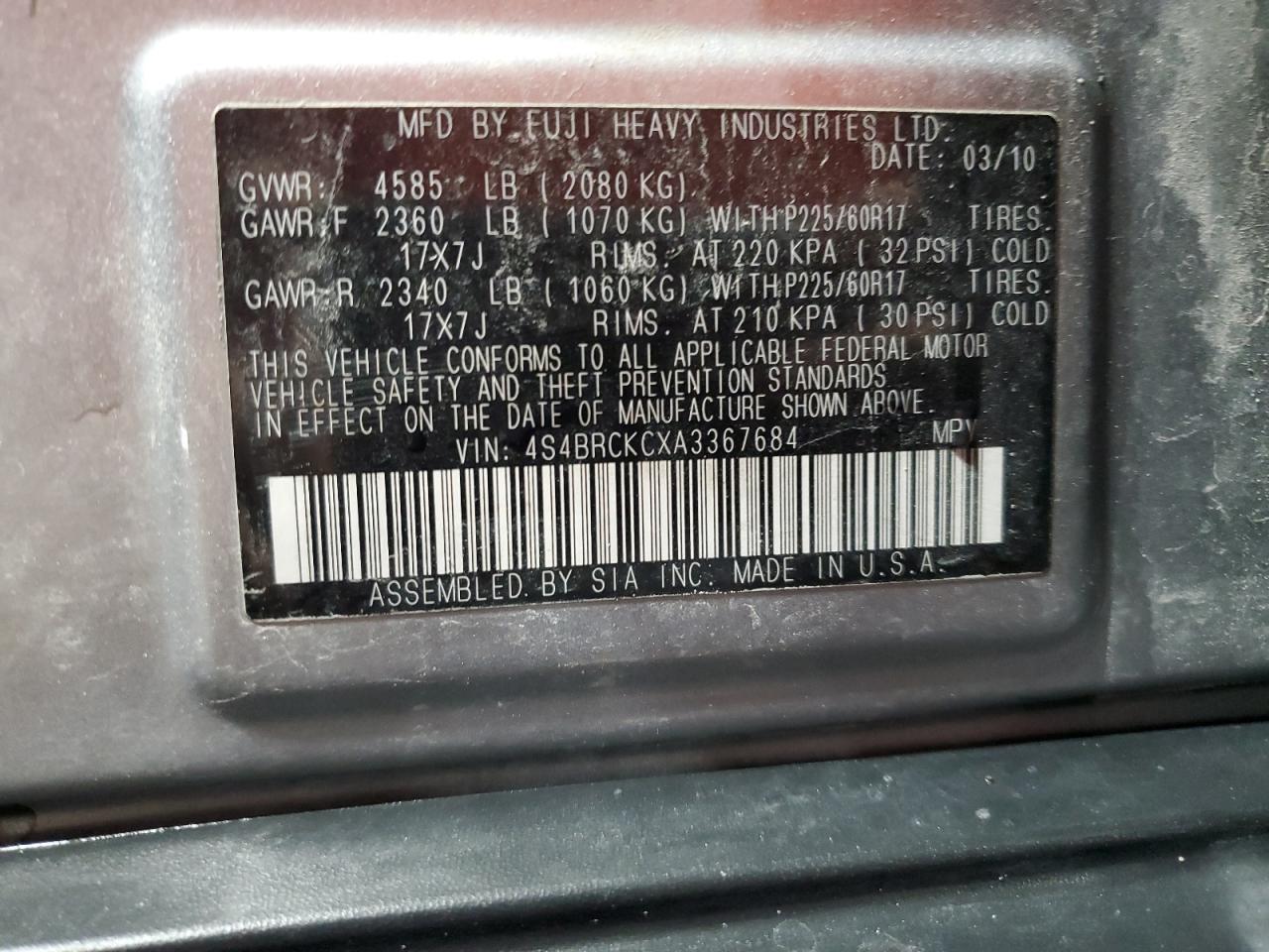 2010 Subaru Outback 2.5I Limited VIN: 4S4BRCKCXA3367684 Lot: 84027415