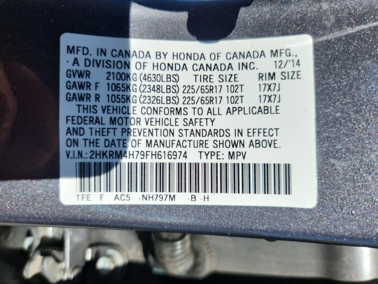 2015 Honda Cr-V Exl VIN: 2HKRM4H79FH616974 Lot: 71812425