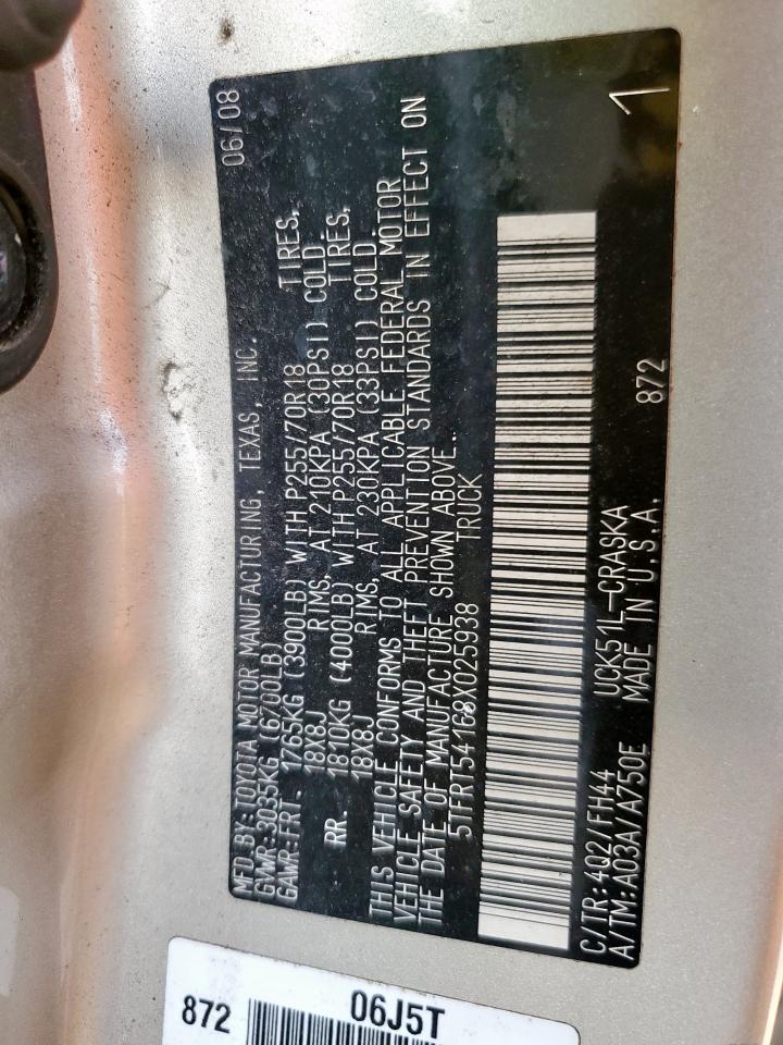 2008 Toyota Tundra Double Cab VIN: 5TFRT54168X025938 Lot: 80628385