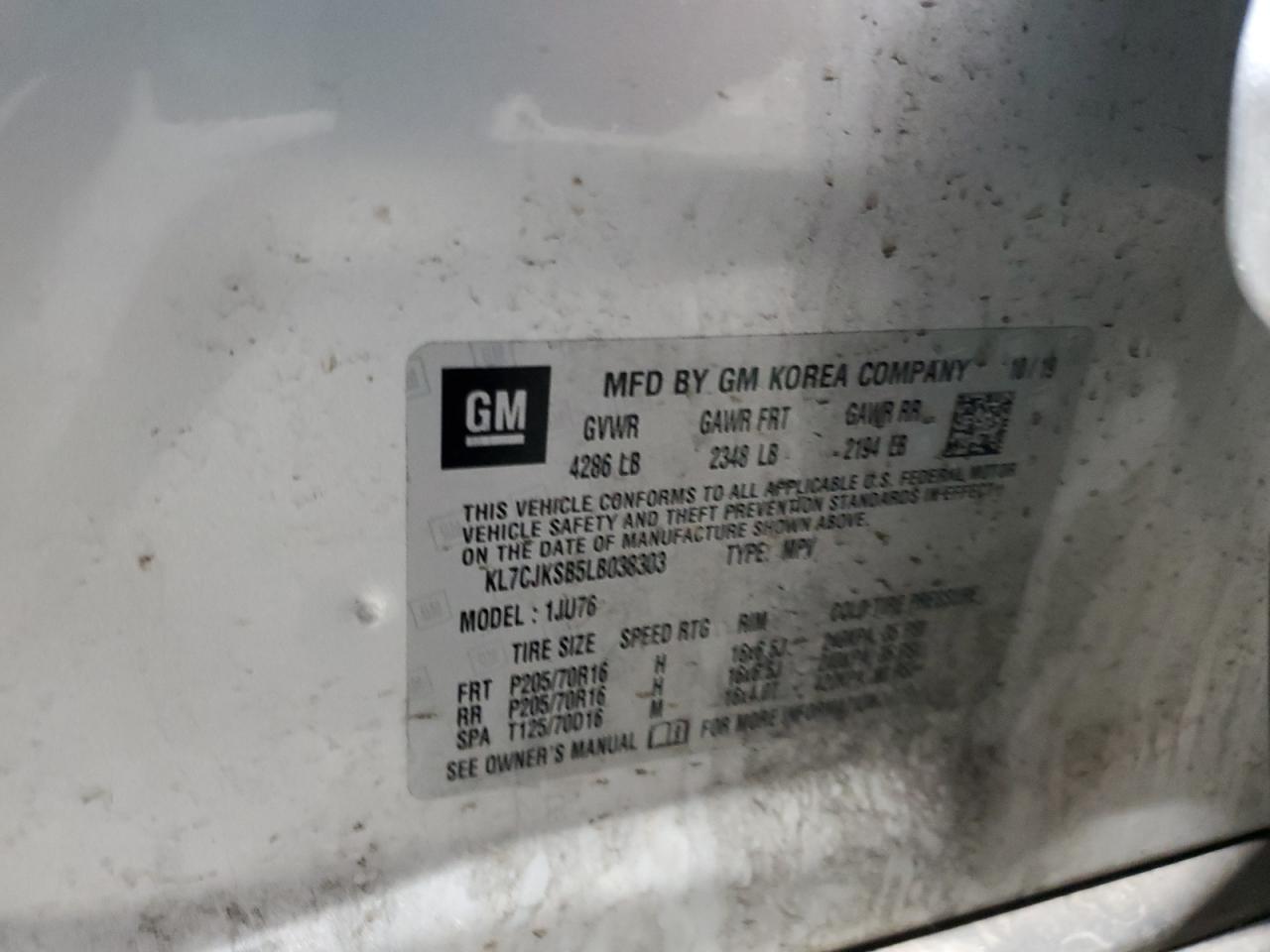 2020 Chevrolet Trax Ls VIN: KL7CJKSB5LB038303 Lot: 82080485