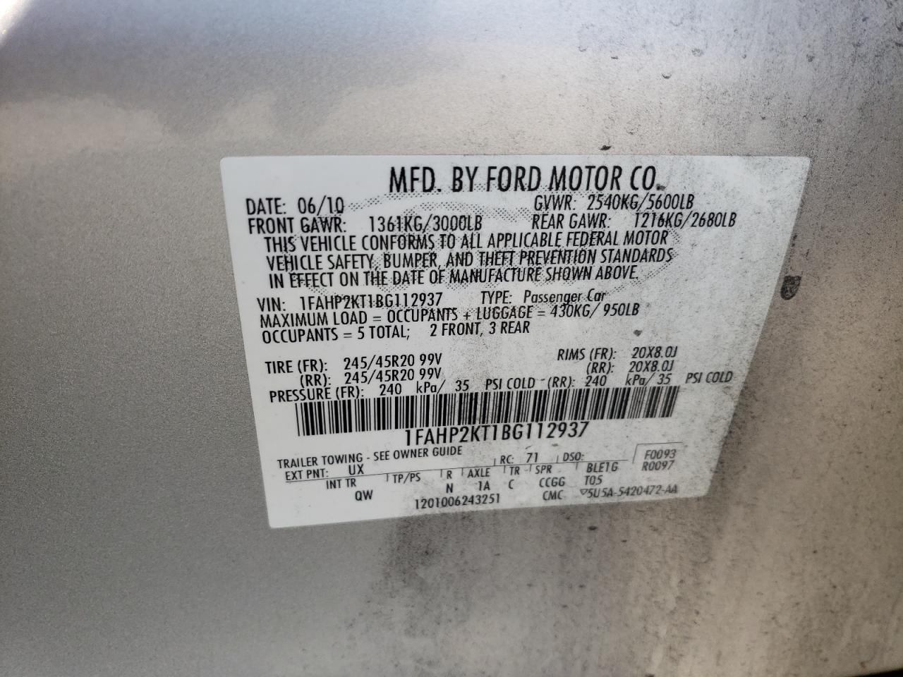 2011 Ford Taurus Sho VIN: 1FAHP2KT1BG112937 Lot: 71545285