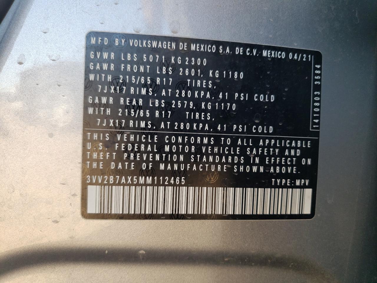 2021 Volkswagen Tiguan Se VIN: 3VV2B7AX5MM112465 Lot: 80907475