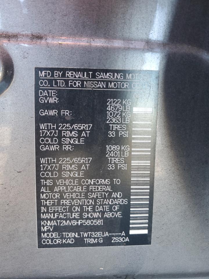 2017 Nissan Rogue S VIN: KNMAT2MV6HP580581 Lot: 80894135