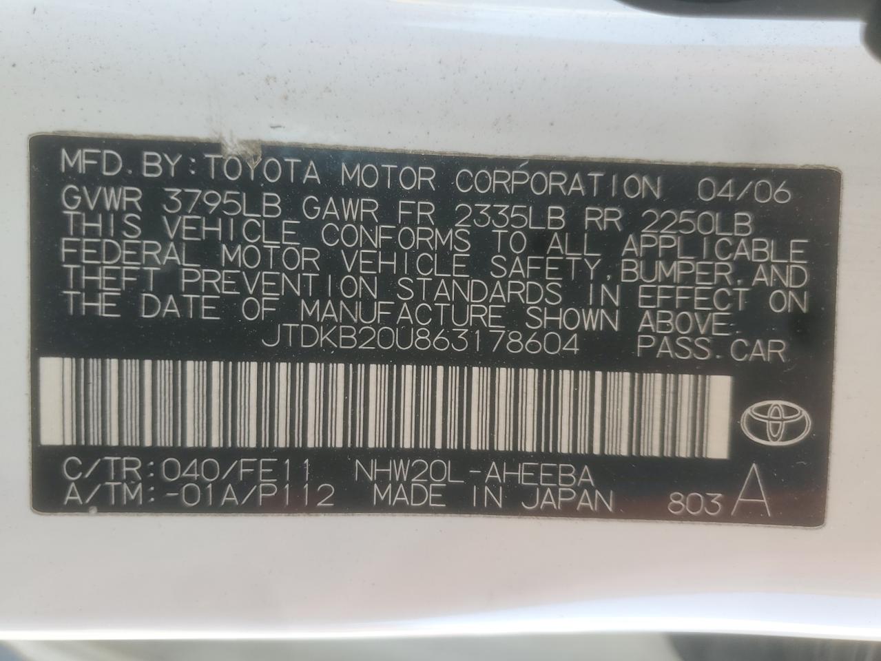 2006 Toyota Prius VIN: JTDKB20U863178604 Lot: 84573205