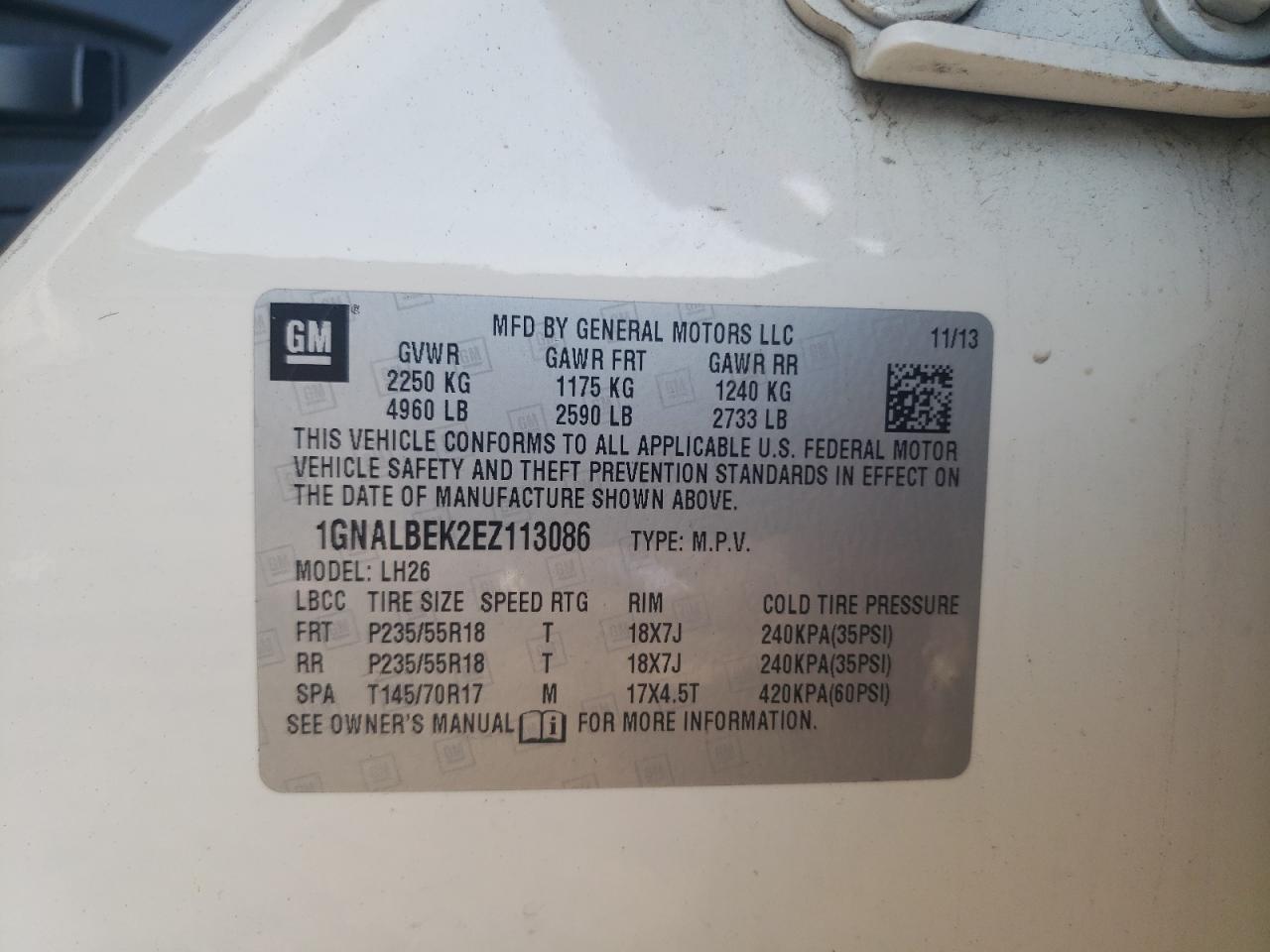 2014 Chevrolet Equinox Lt VIN: 1GNALBEK2EZ113086 Lot: 83783265