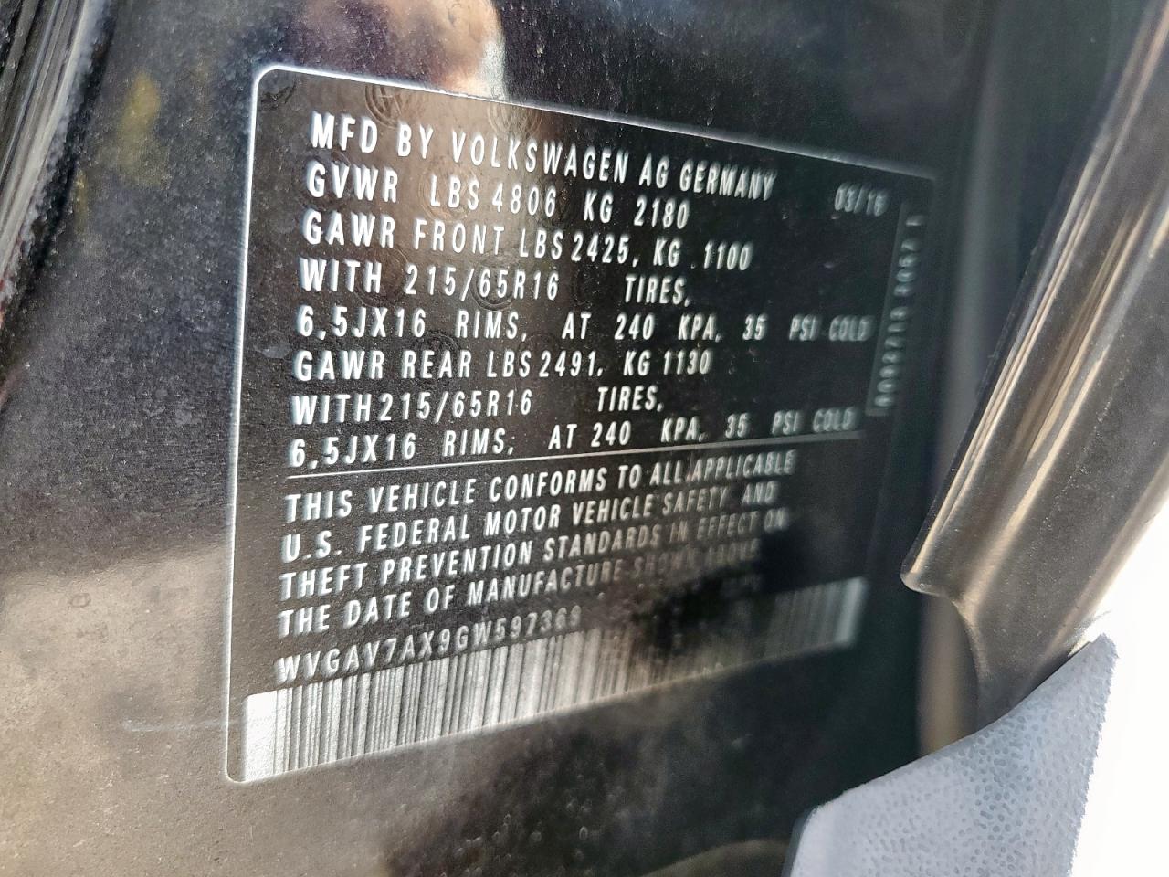 2016 Volkswagen Tiguan S VIN: WVGAV7AX9GW597369 Lot: 81073835