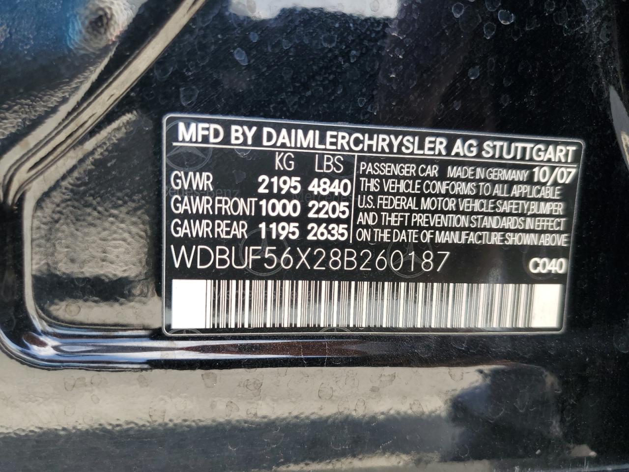 2008 Mercedes-Benz E 350 VIN: WDBUF56X28B260187 Lot: 84934305