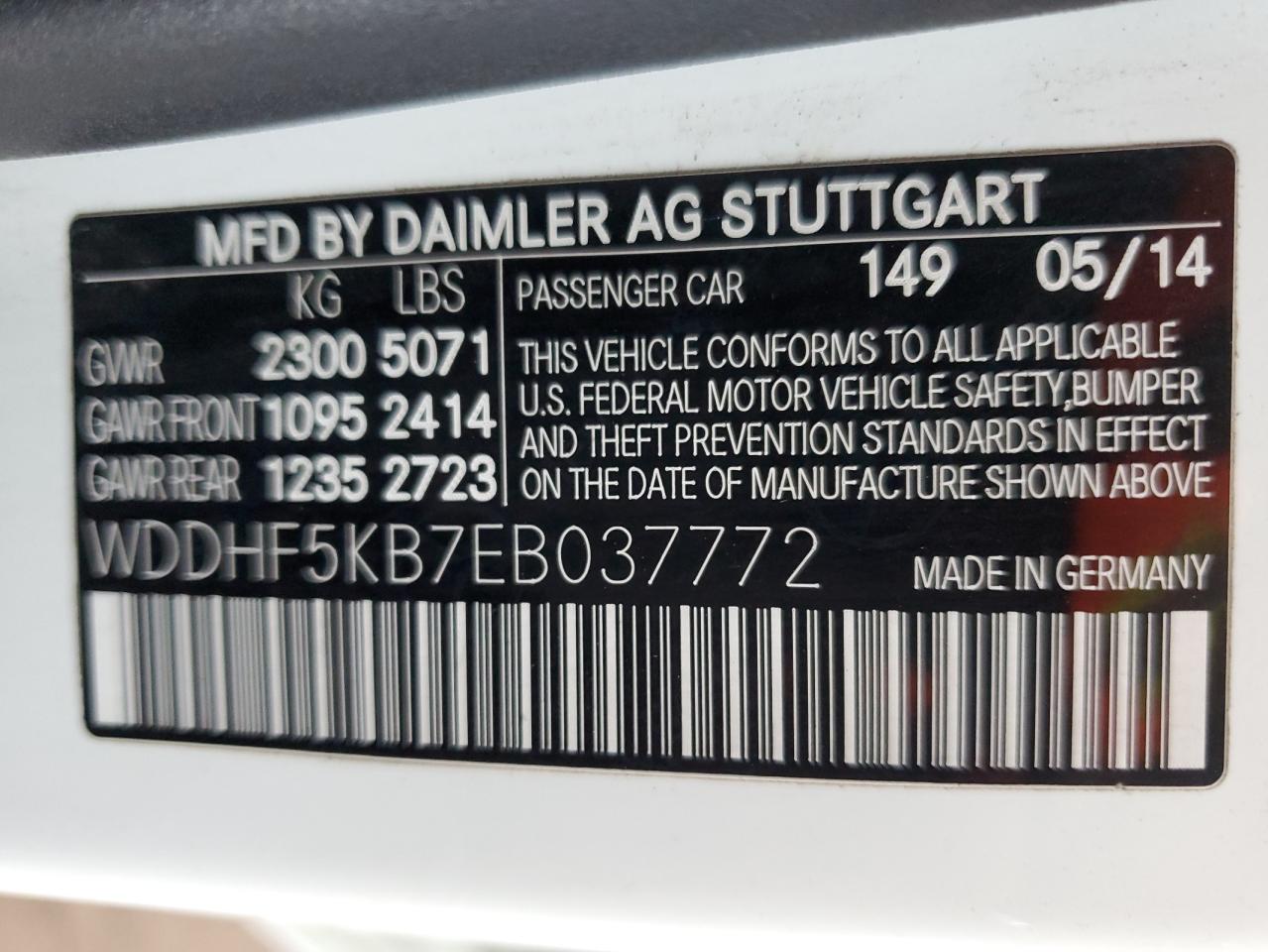 2014 Mercedes-Benz E 350 VIN: WDDHF5KB7EB037772 Lot: 84072595