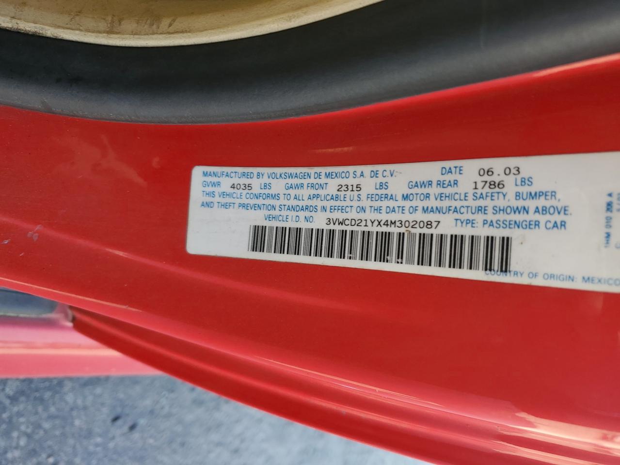 2004 Volkswagen New Beetle Gls VIN: 3VWCD21YX4M302087 Lot: 69910185