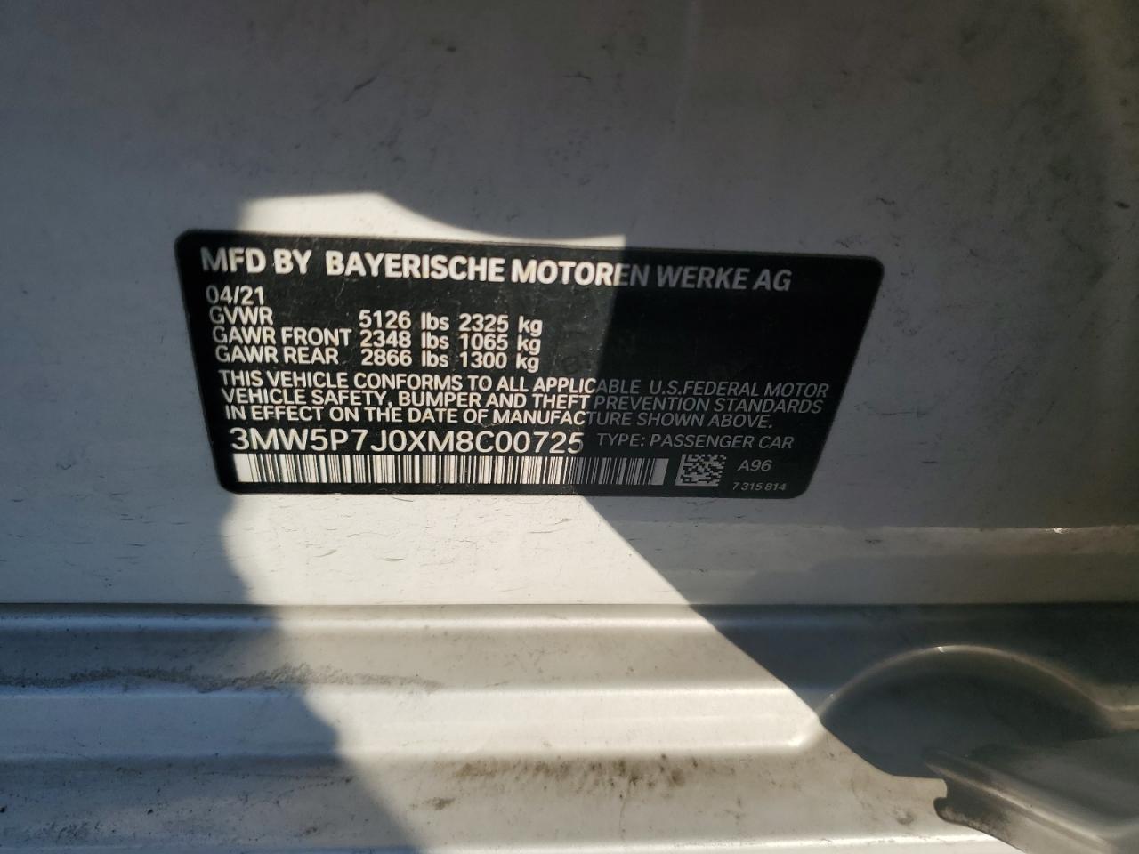 2021 BMW 330E VIN: 3MW5P7J0XM8C00725 Lot: 84235065