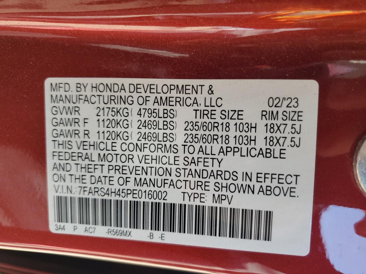 2023 Honda Cr-V Ex VIN: 7FARS4H45PE016002 Lot: 80121535