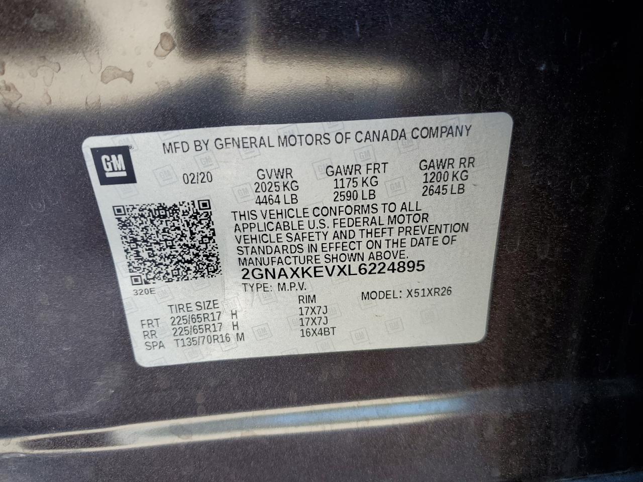 2020 Chevrolet Equinox Lt VIN: 2GNAXKEVXL6224895 Lot: 80613145