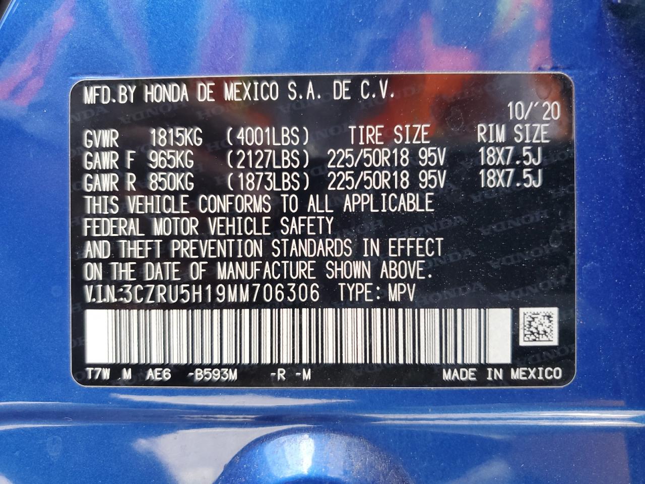 2021 Honda Hr-V Sport VIN: 3CZRU5H19MM706306 Lot: 80370335