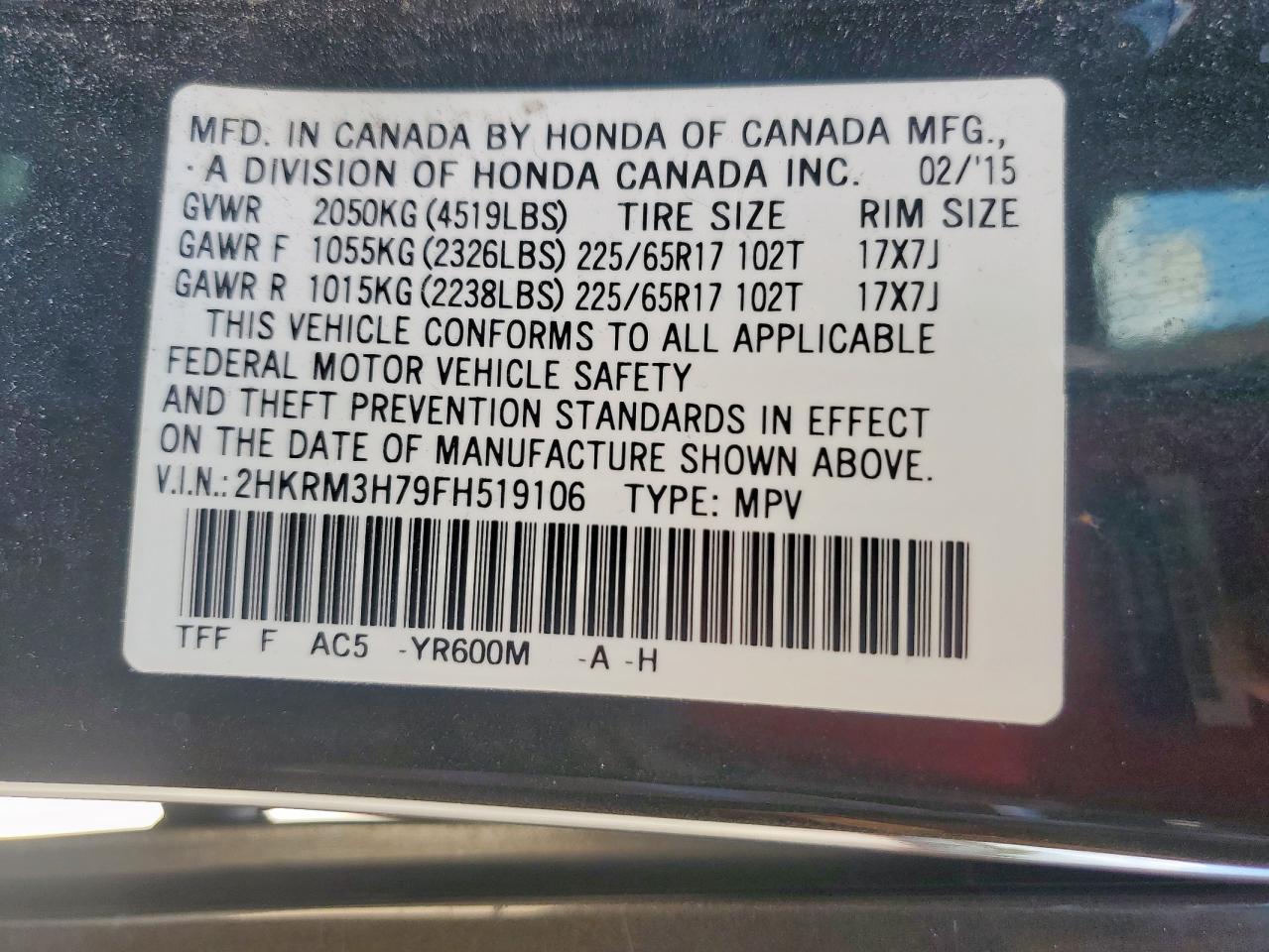 2015 Honda Cr-V Exl VIN: 2HKRM3H79FH519106 Lot: 84712205