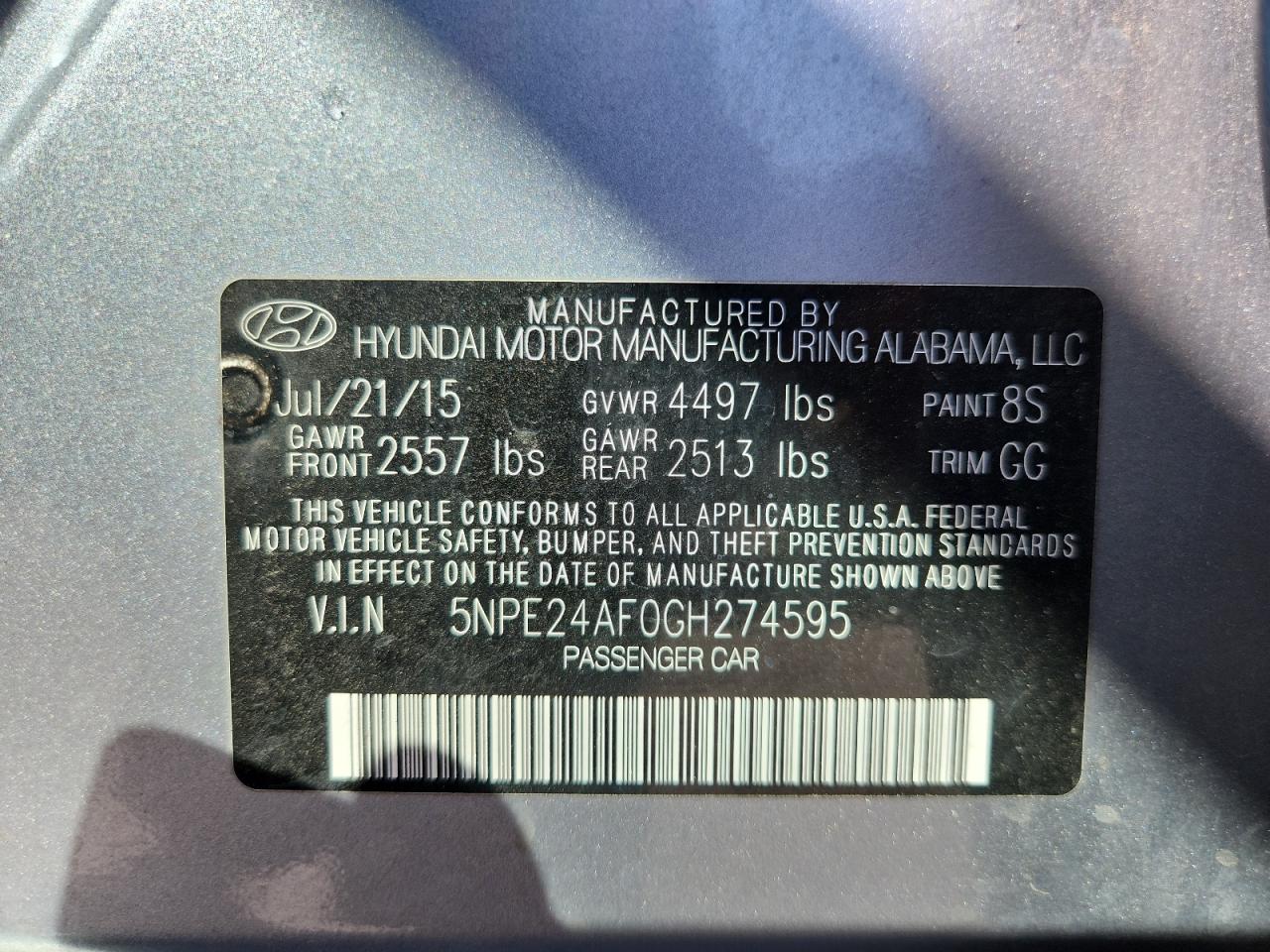 2016 Hyundai Sonata Se VIN: 5NPE24AF0GH274595 Lot: 82051785