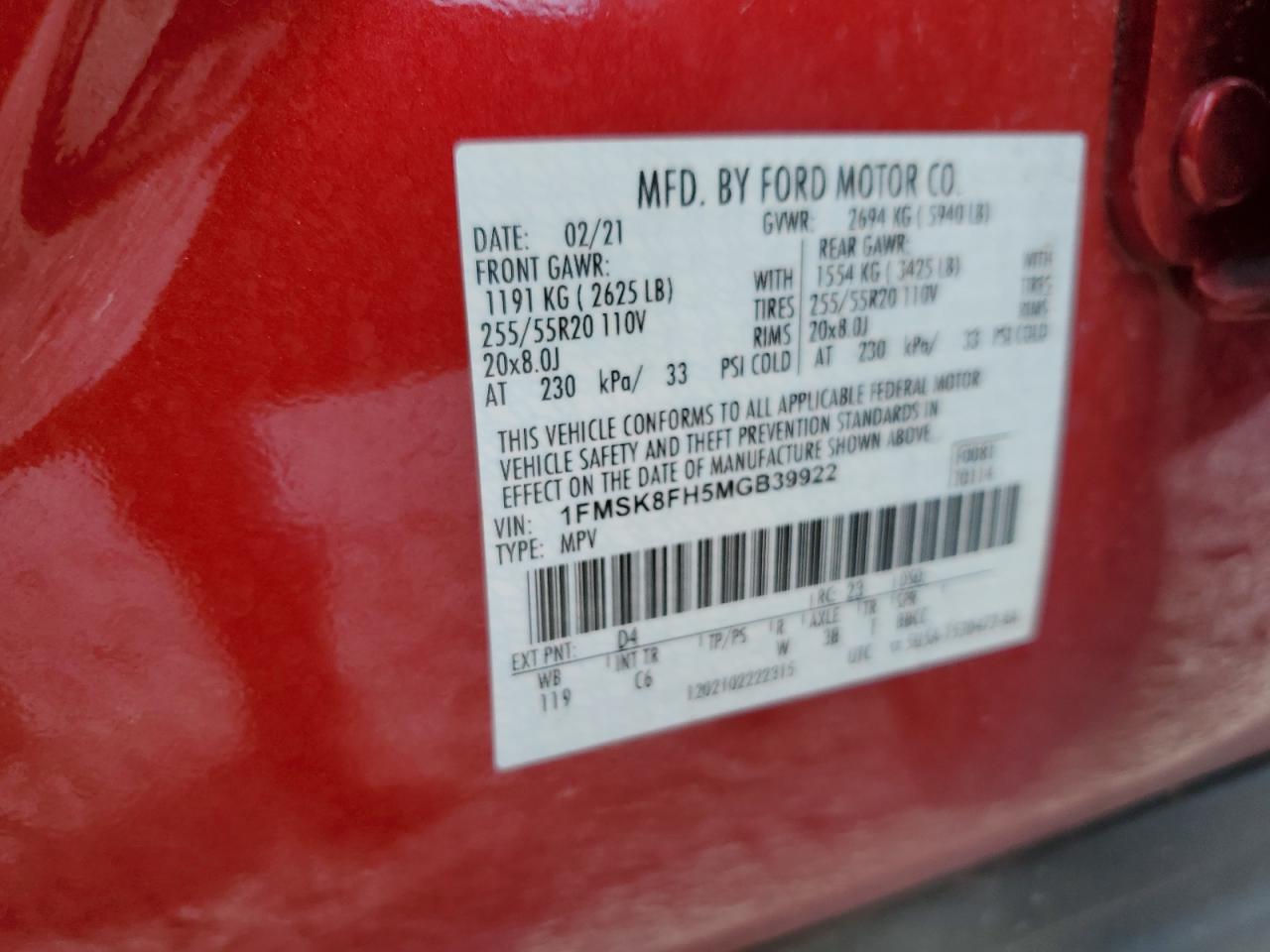 2021 Ford Explorer Limited VIN: 1FMSK8FH5MGB39922 Lot: 82151625