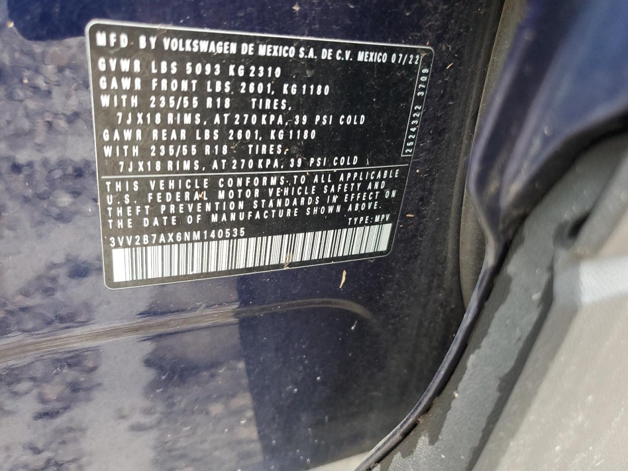 2022 Volkswagen Tiguan Se VIN: 3VV2B7AX6NM140535 Lot: 80388295