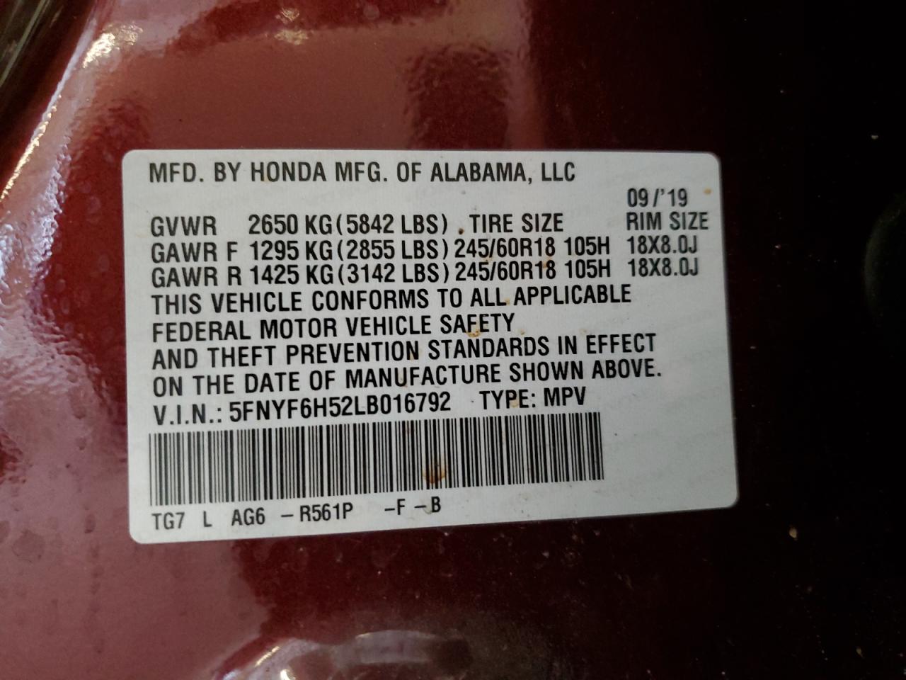 2020 Honda Pilot Exl VIN: 5FNYF6H52LB016792 Lot: 81957395