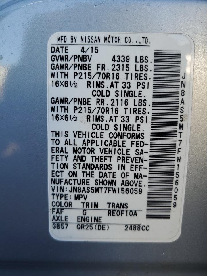 2015 Nissan Rogue Select S VIN: JN8AS5MT7FW156059 Lot: 81302995