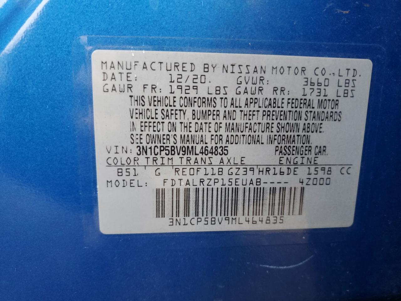 2021 Nissan Kicks S VIN: 3N1CP5BV9ML464835 Lot: 80760395