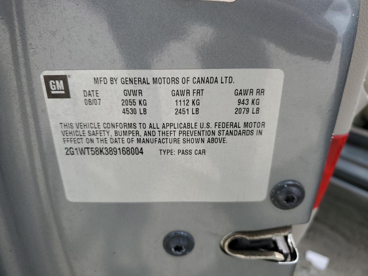 2008 Chevrolet Impala Lt VIN: 2G1WT58K389168004 Lot: 81822965