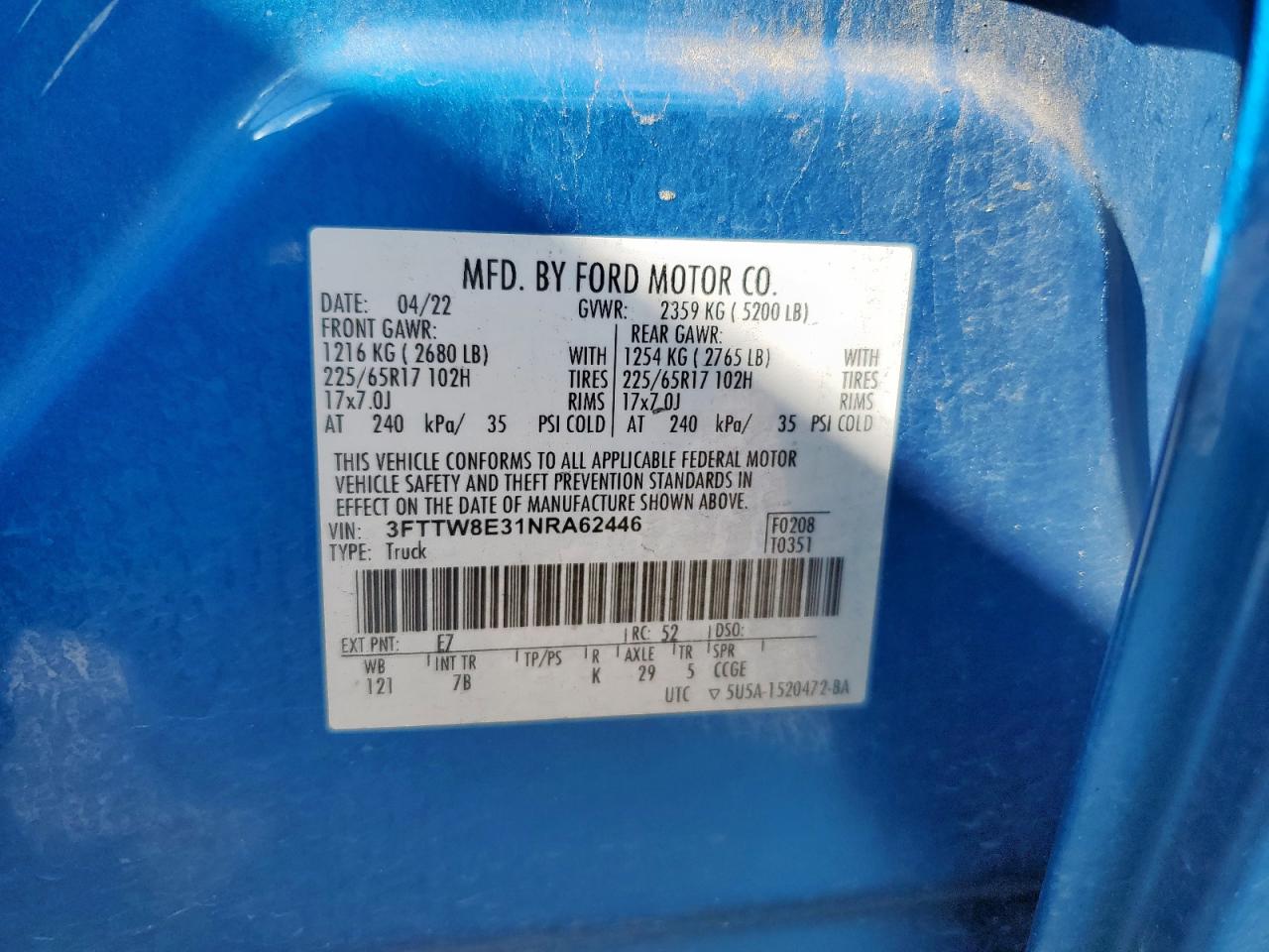 2022 Ford Maverick Xl VIN: 3FTTW8E31NRA62446 Lot: 84377665