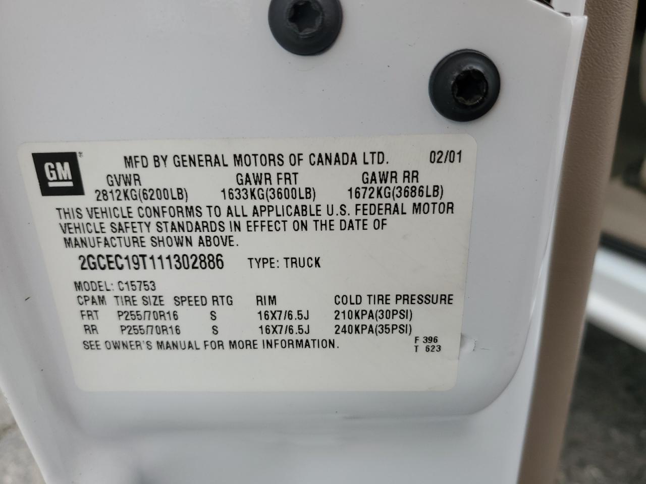 2001 Chevrolet Silverado C1500 VIN: 2GCEC19T111302886 Lot: 71476245