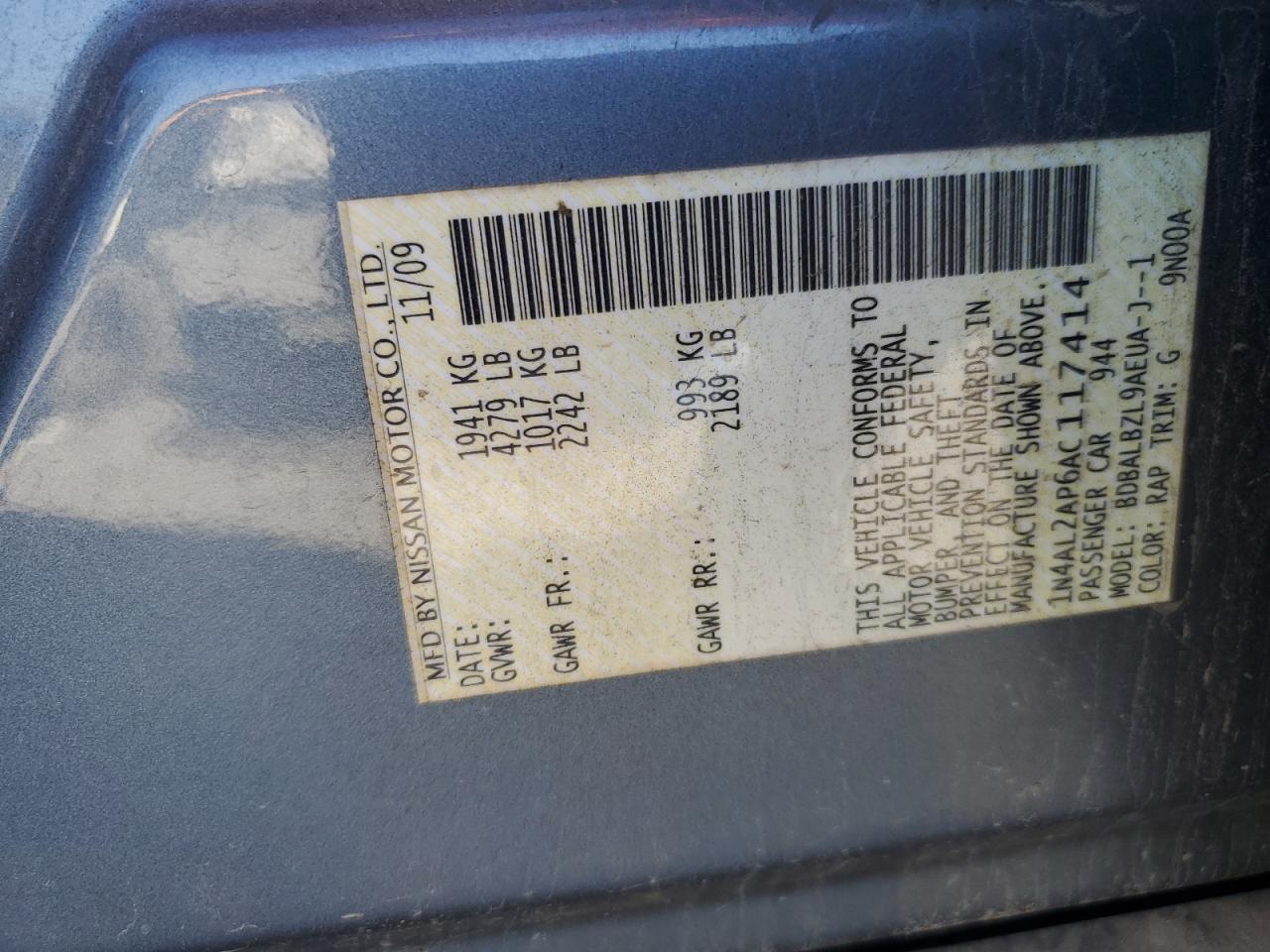 2010 Nissan Altima Base VIN: 1N4AL2AP6AC117414 Lot: 81312155