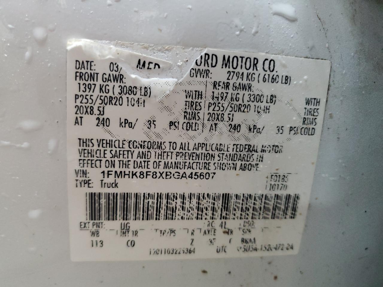 2011 Ford Explorer Limited VIN: 1FMHK8F8XBGA45607 Lot: 80304365