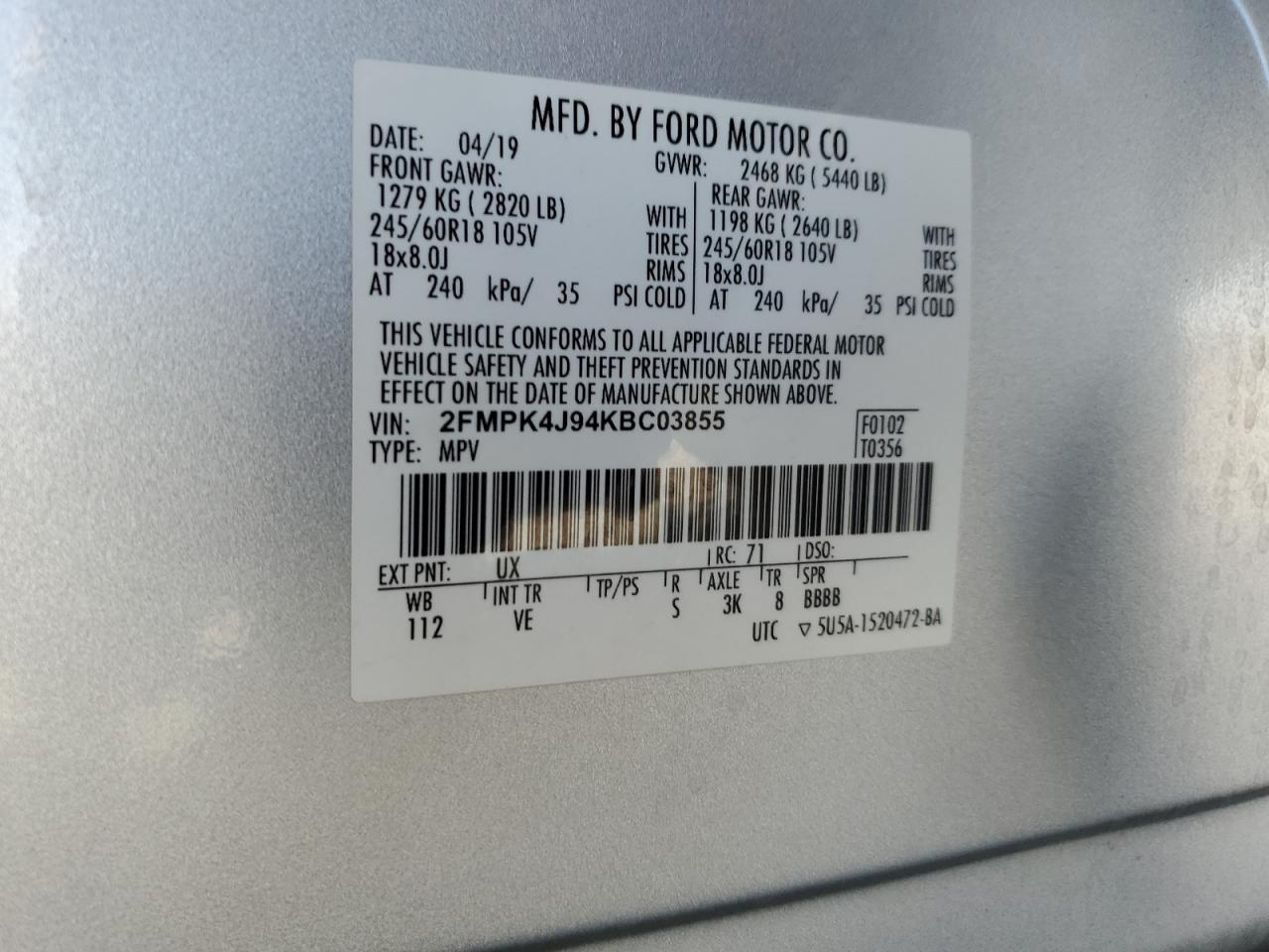 2019 Ford Edge Sel VIN: 2FMPK4J94KBC03855 Lot: 82136175