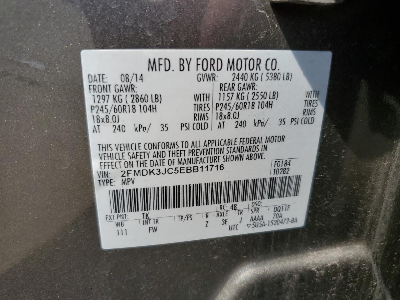 2014 Ford Edge Sel VIN: 2FMDK3JC5EBB11716 Lot: 80370715