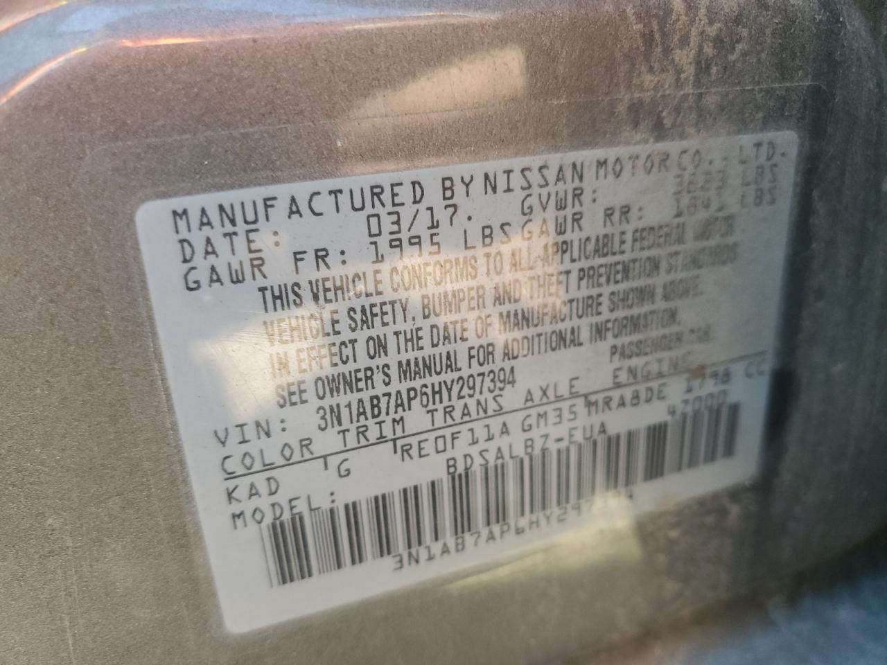 2017 Nissan Sentra S VIN: 3N1AB7AP6HY297394 Lot: 72041695