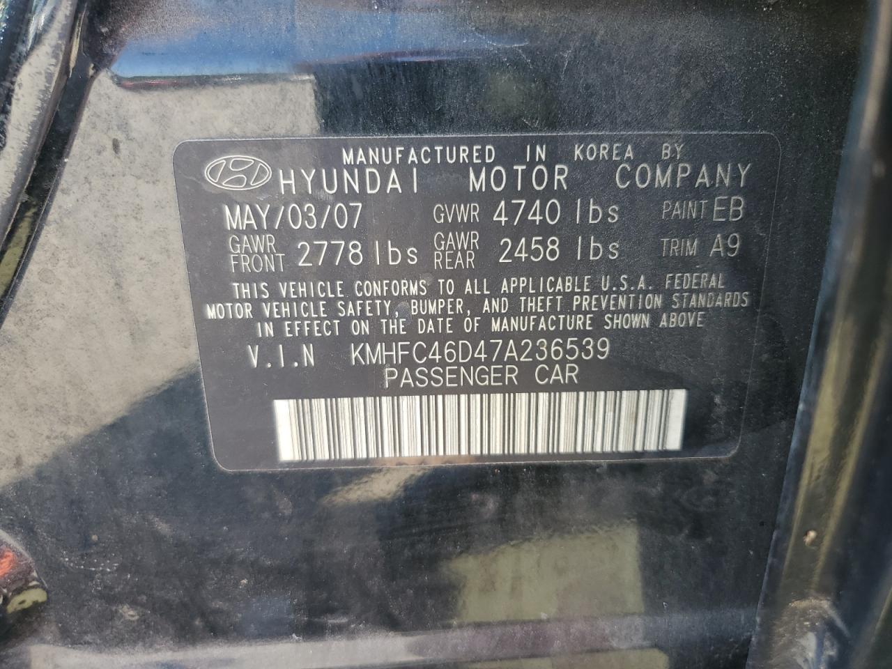 2007 Hyundai Azera Gls VIN: KMHFC46D47A236539 Lot: 80726095