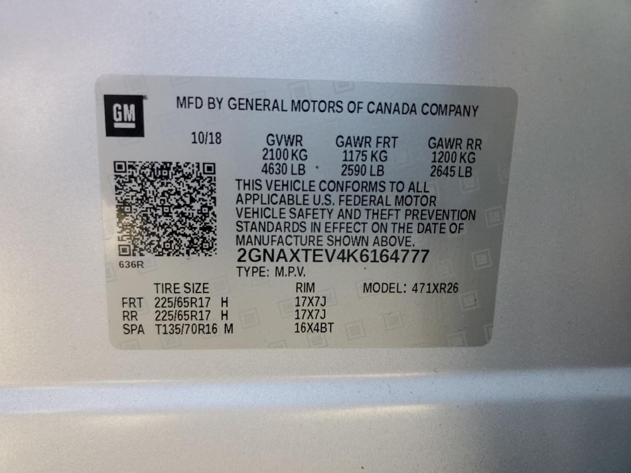 2019 Chevrolet Equinox Lt VIN: 2GNAXTEV4K6164777 Lot: 71851215